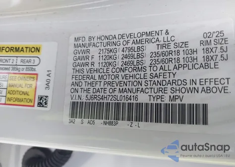 2025 Honda Cr-V Ex-L Awd from USA, damaged, VIN 5J6RS4H72SL016416